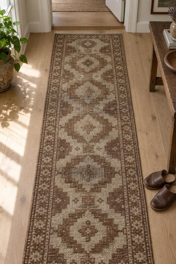 11 Rich Brown Hallway Ideas for a Calm and Welcoming Look 4 Brown patterned wool runner over pale oak floorboards in a hallway, stopping short of a doorway threshold.