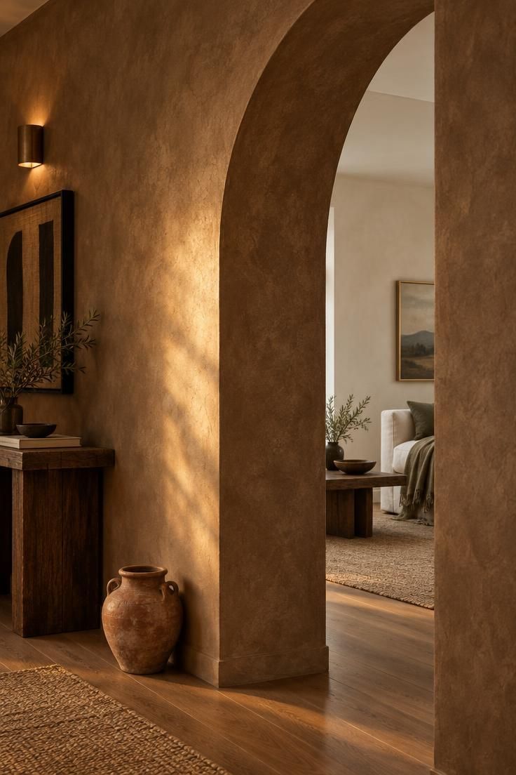 11 Rich Brown Hallway Ideas for a Calm and Welcoming Look 5 Rounded archway finished in warm brown limewash with visible trowel texture, with a terracotta vessel at its base.