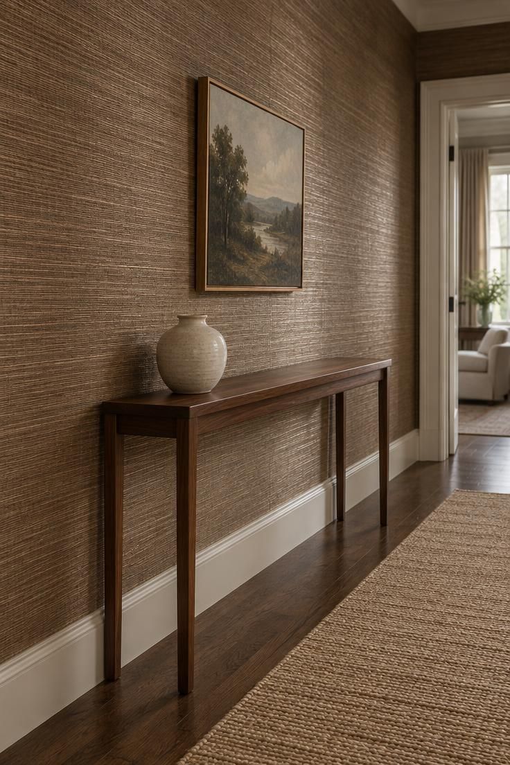 11 Rich Brown Hallway Ideas for a Calm and Welcoming Look 6 Long hallway wall in brown grasscloth with a slim walnut console and a single ceramic vessel, soft cream trim at a doorway.