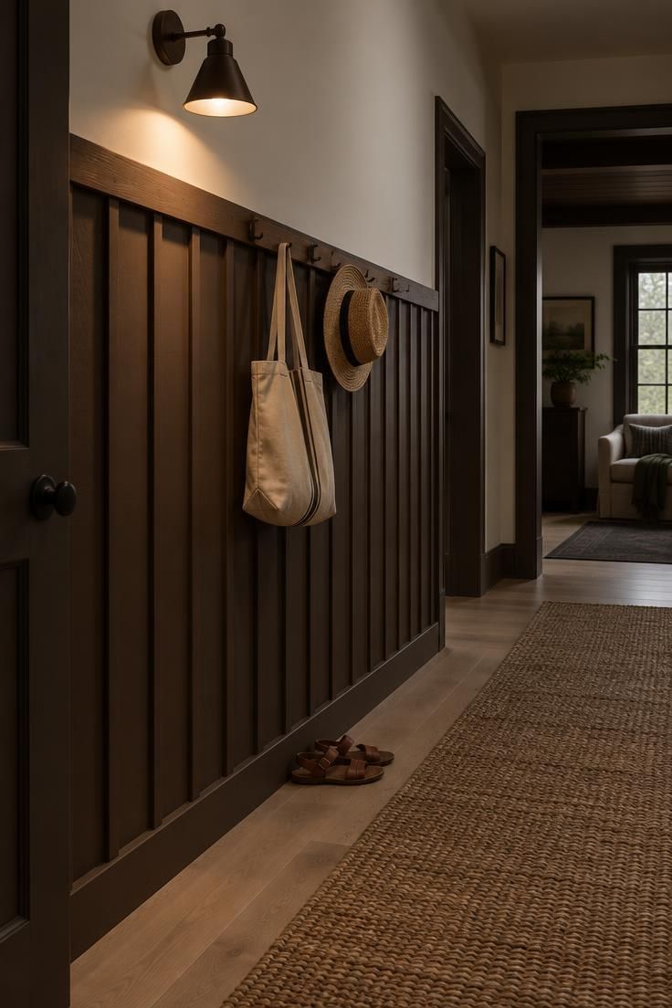 11 Rich Brown Hallway Ideas for a Calm and Welcoming Look 7 Hallway with deep chocolate vertical board-and-batten below a soft off-white upper wall and a stained wood hook rail.