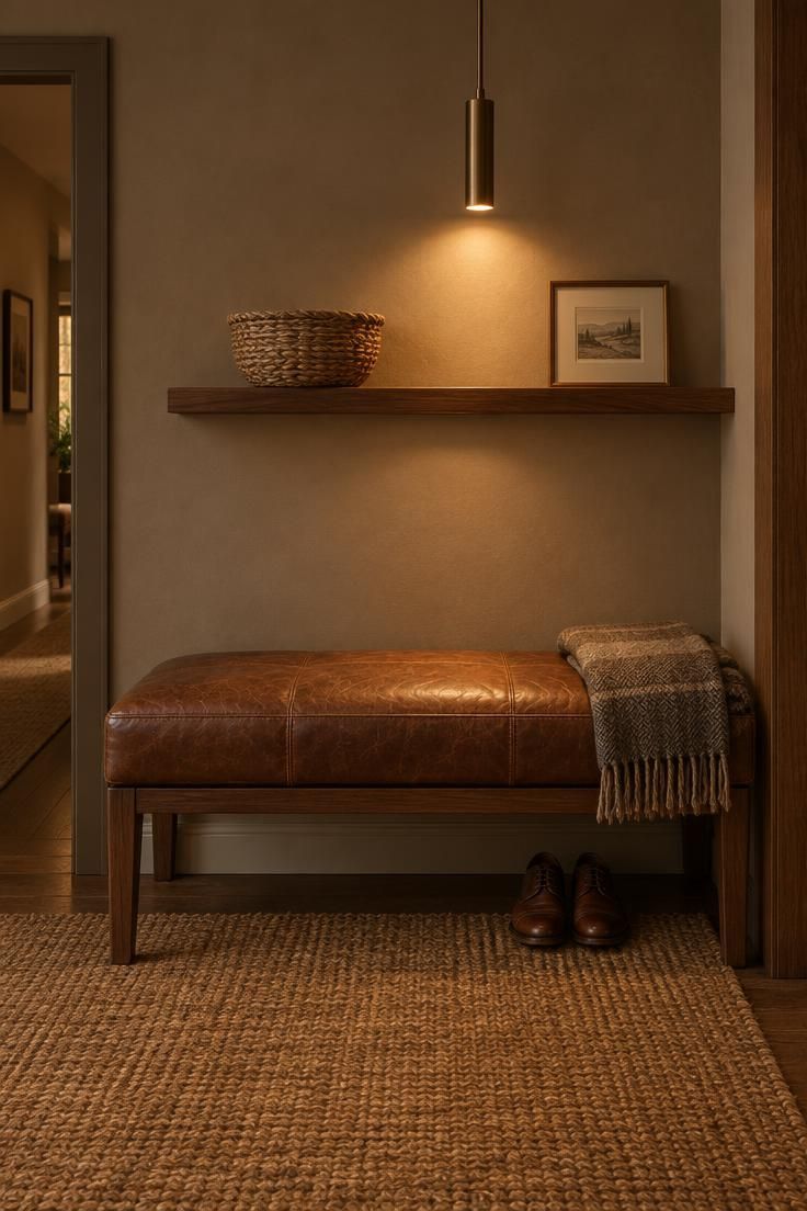 11 Rich Brown Hallway Ideas for a Calm and Welcoming Look 8 Brown leather bench with a low walnut shelf above holding a basket and framed print, lit by a low pendant.