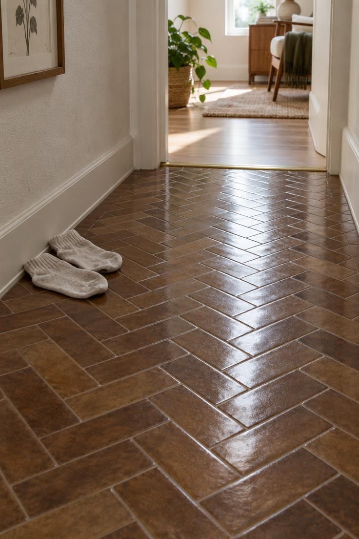 11 Rich Brown Hallway Ideas for a Calm and Welcoming Look 9 Hallway floor in small brown glazed tiles laid in herringbone between pale plaster walls.