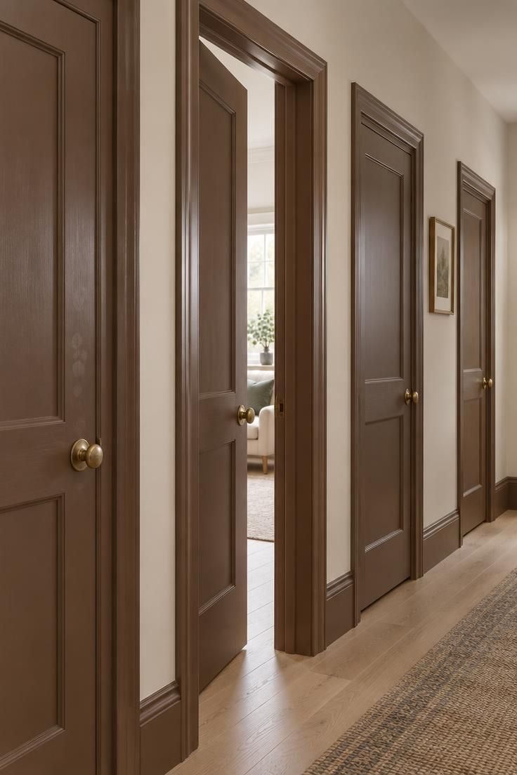 11 Rich Brown Hallway Ideas for a Calm and Welcoming Look 10 Hallway with all doors, casings, and baseboards painted the same warm brown against soft cream walls.