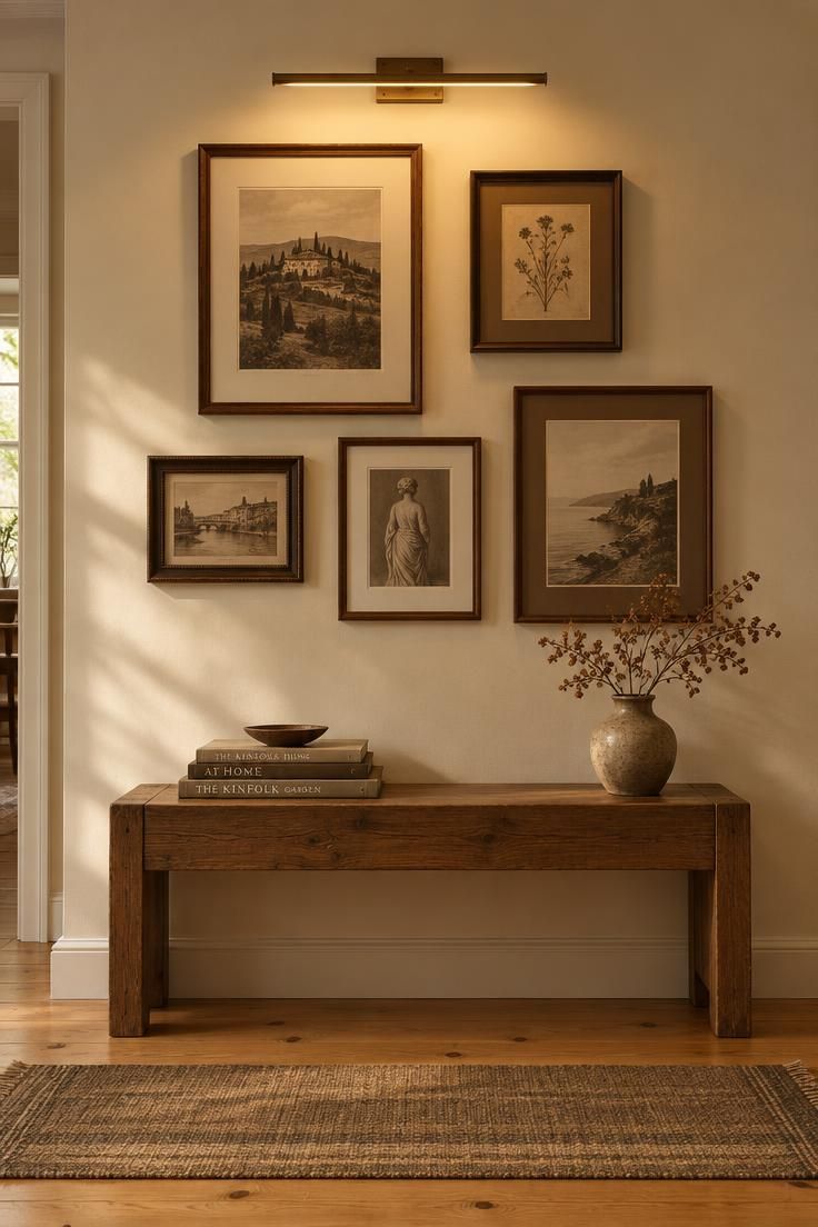 11 Rich Brown Hallway Ideas for a Calm and Welcoming Look 11 Pale cream hallway wall with a grid of brown-framed prints in sepia and monochrome, lit by a slim picture light.