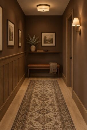 Warm brown hallway with chocolate walls, oak wainscoting, a brown patterned runner, and a cognac leather bench with a shelf above.