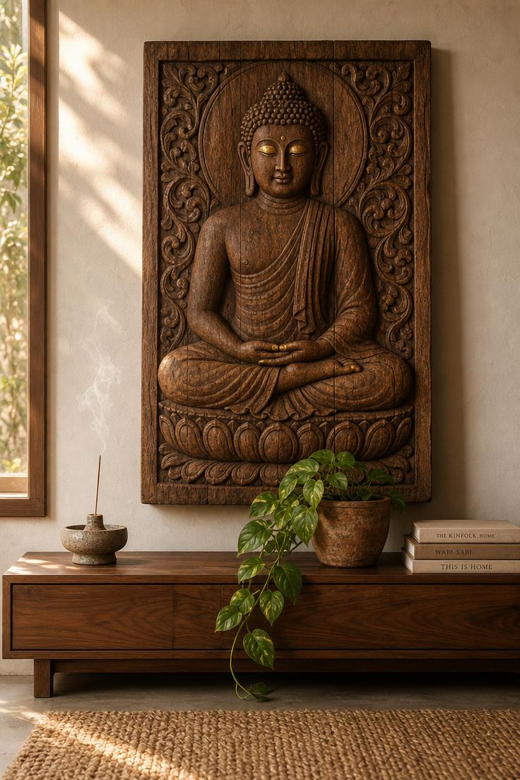 7 Peaceful Buddha Wall Decor Ideas for a Calm Home 1 Hand-carved teak Buddha wall panel with gold leaf accents mounted above a low walnut console with a pothos plant and ceramic incense holder in warm afternoon light.