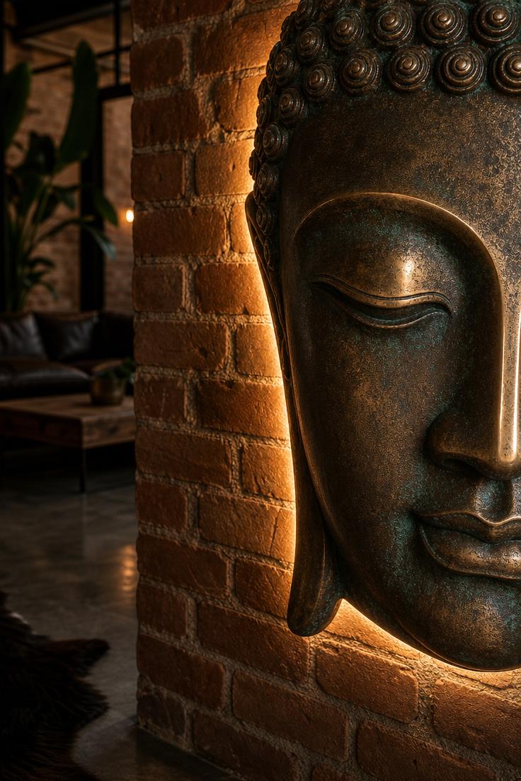 7 Peaceful Buddha Wall Decor Ideas for a Calm Home 2 Close-up of a bronze Buddha face casting mounted on exposed red brick with warm LED backlighting creating a halo glow around the profile.