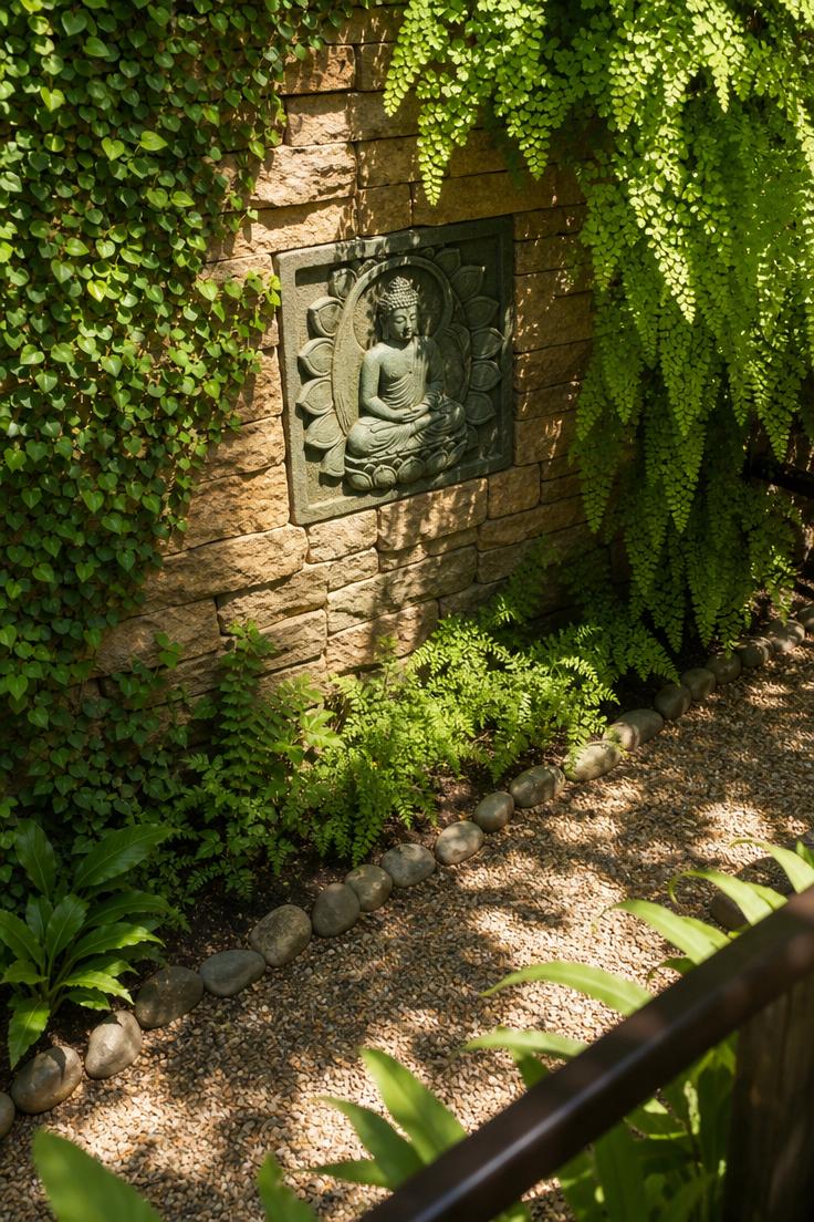 7 Peaceful Buddha Wall Decor Ideas for a Calm Home 4 Overhead view of a Balinese greenstone Buddha carving recessed into a garden wall, partially shaded by maidenhair ferns in bright midday light.