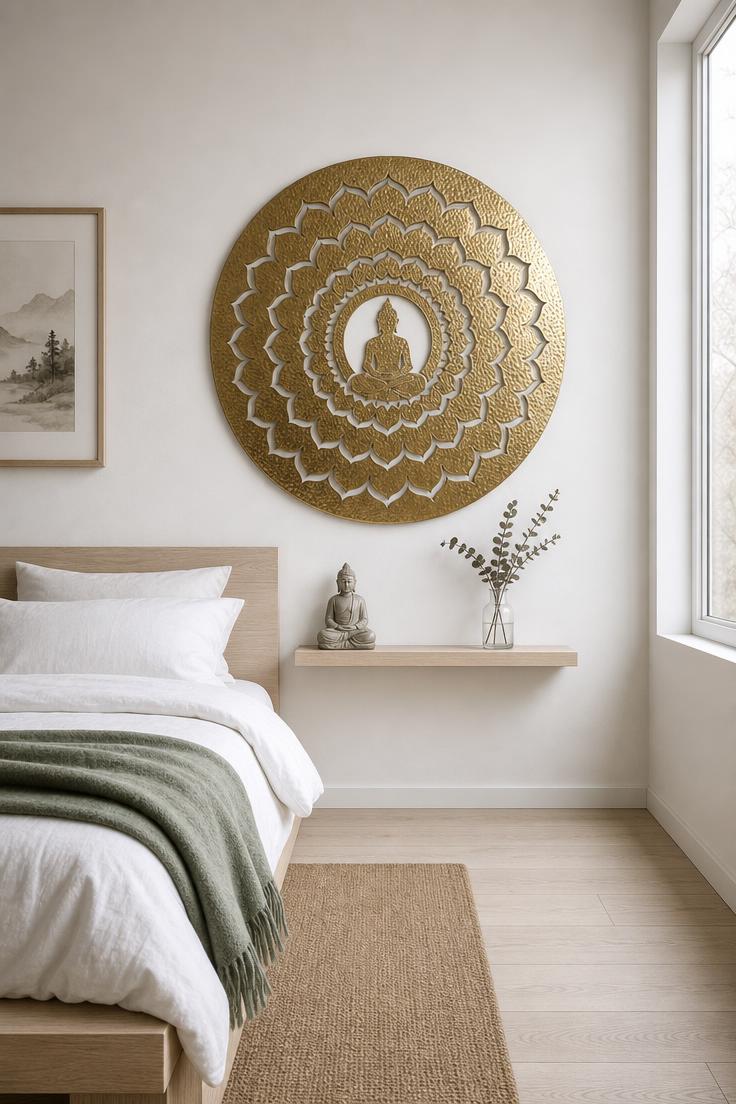 7 Peaceful Buddha Wall Decor Ideas for a Calm Home 5 Hammered brass mandala with a central Buddha silhouette cutout mounted on white plaster in a Scandinavian-inspired bedroom with cool overcast light.