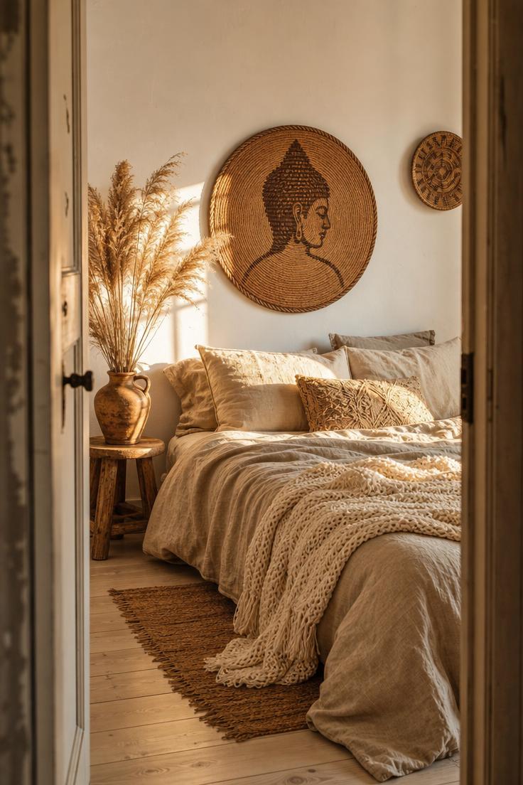 7 Peaceful Buddha Wall Decor Ideas for a Calm Home 6 Woven rattan Buddha medallion above a linen-dressed bed in a boho guest bedroom, framed by dried pampas grass and warm golden afternoon light.