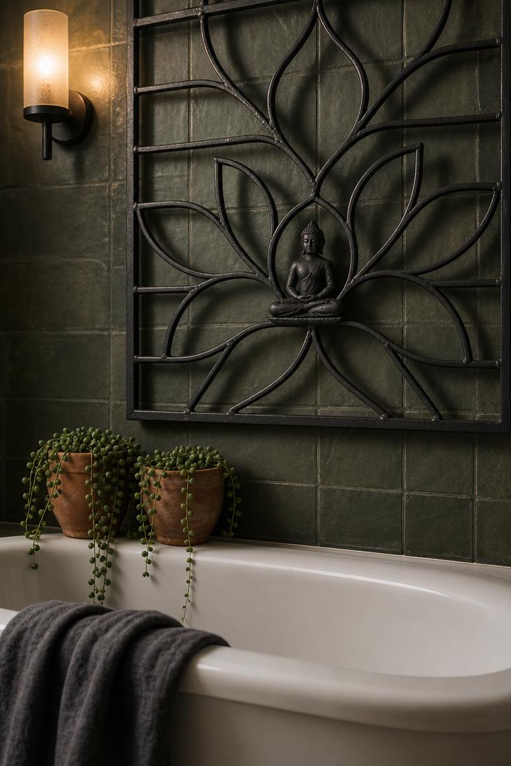 7 Peaceful Buddha Wall Decor Ideas for a Calm Home 7 Close-up of a black iron lotus grid with a seated Buddha figure mounted on dark sage green tile above a freestanding bathtub in moody low light.