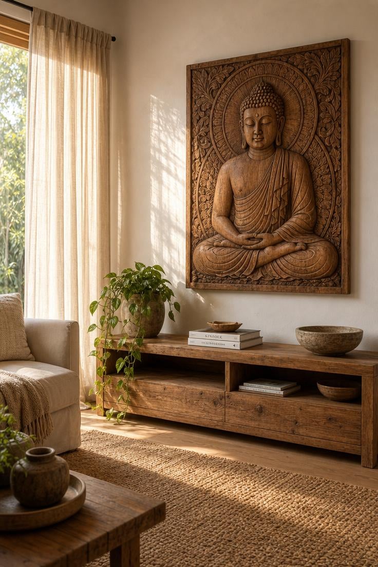 A peaceful living room corner with a hand-carved wooden Buddha wall panel above a low console with trailing plants and books, bathed in soft golden light through sheer curtains.