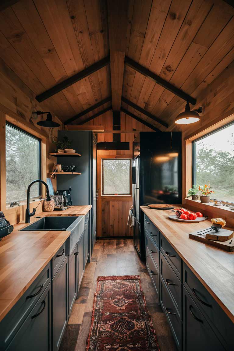 A butcher block countertop installed in a tiny home kitchen, showcasing its warm, natural tones and the character it adds to the space, while also highlighting the importance of proper sealing and maintenance to prevent water damage.