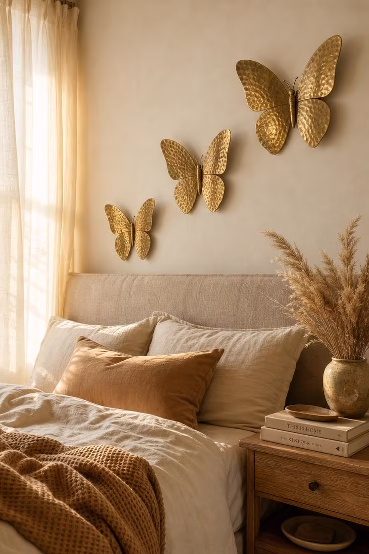 10 Fresh Butterfly Wall Decor Ideas to Brighten Walls 1 Three hammered brass butterfly wall sculptures mounted in an ascending diagonal above a natural linen headboard with warm golden afternoon light.