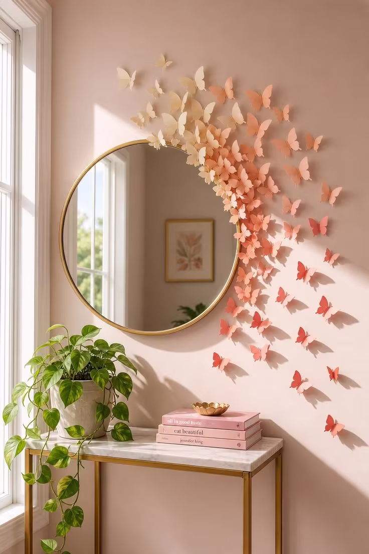 10 Fresh Butterfly Wall Decor Ideas to Brighten Walls 2 An ombre cardstock butterfly cascade in ivory to deep coral tones flowing from a round gold-framed mirror on a blush wall in bright midday light.