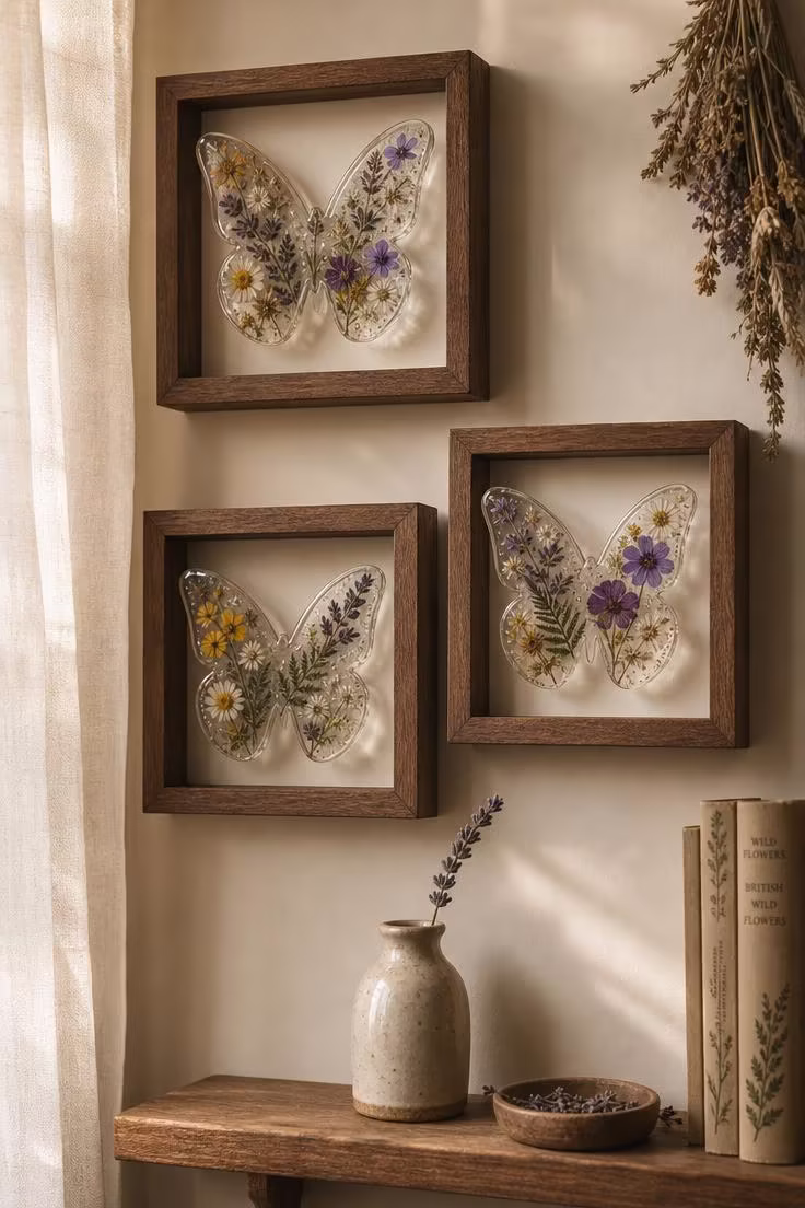 10 Fresh Butterfly Wall Decor Ideas to Brighten Walls 4 Three walnut shadow boxes containing resin-cast butterfly shapes filled with pressed wildflowers in soft purples, yellows, and greens under diffused light.