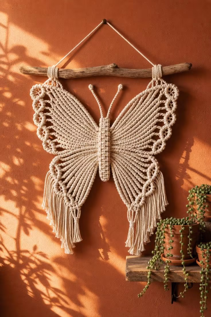 10 Fresh Butterfly Wall Decor Ideas to Brighten Walls 5 A large woven cotton macrame butterfly wall hanging on a driftwood dowel against a terracotta wall in warm late afternoon golden light.