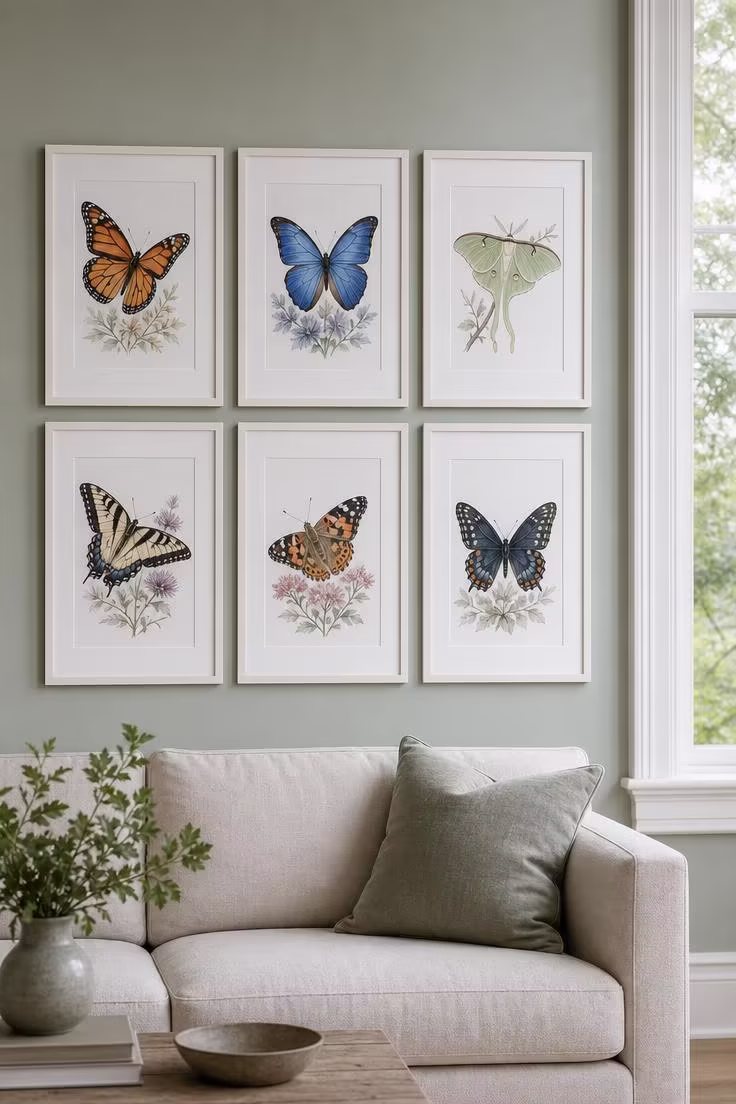 10 Fresh Butterfly Wall Decor Ideas to Brighten Walls 6 Six framed watercolor butterfly prints in white frames arranged in a 2x3 grid on a sage green wall with cool overcast morning light.