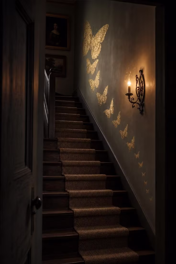 10 Fresh Butterfly Wall Decor Ideas to Brighten Walls 7 Gold leaf butterfly stencils climbing an ascending stairwell wall in moody low light from a wrought iron sconce, increasing in size from bottom to top.