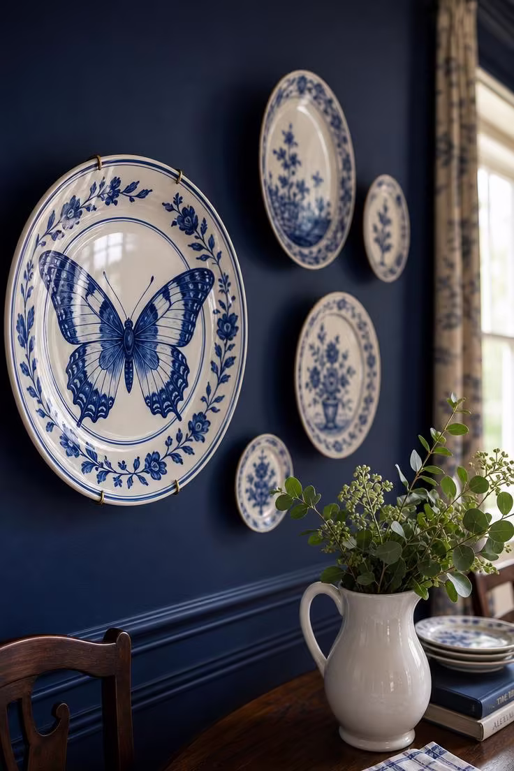 10 Fresh Butterfly Wall Decor Ideas to Brighten Walls 8 Close-up of a hand-painted cobalt blue butterfly porcelain plate on a navy dining room wall in bright midday light with additional plates in soft focus.