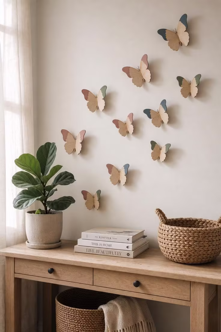 10 Fresh Butterfly Wall Decor Ideas to Brighten Walls 9 A scattered cluster of birch plywood butterfly cutouts with pastel-dipped wing tips mounted above a light oak console table in soft diffused afternoon light.