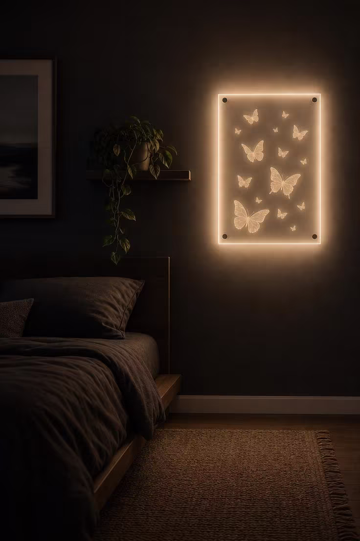 10 Fresh Butterfly Wall Decor Ideas to Brighten Walls 10 A frosted acrylic butterfly panel with laser-etched silhouettes backlit by warm-white LED strips mounted on a dark charcoal wall in a moody bedroom.
