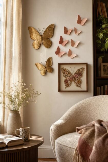 10 Fresh Butterfly Wall Decor Ideas to Brighten Walls A bright living room corner with mixed butterfly wall decor including brass sculptures, ombre paper butterflies, and a pressed flower shadow box in warm golden afternoon light.