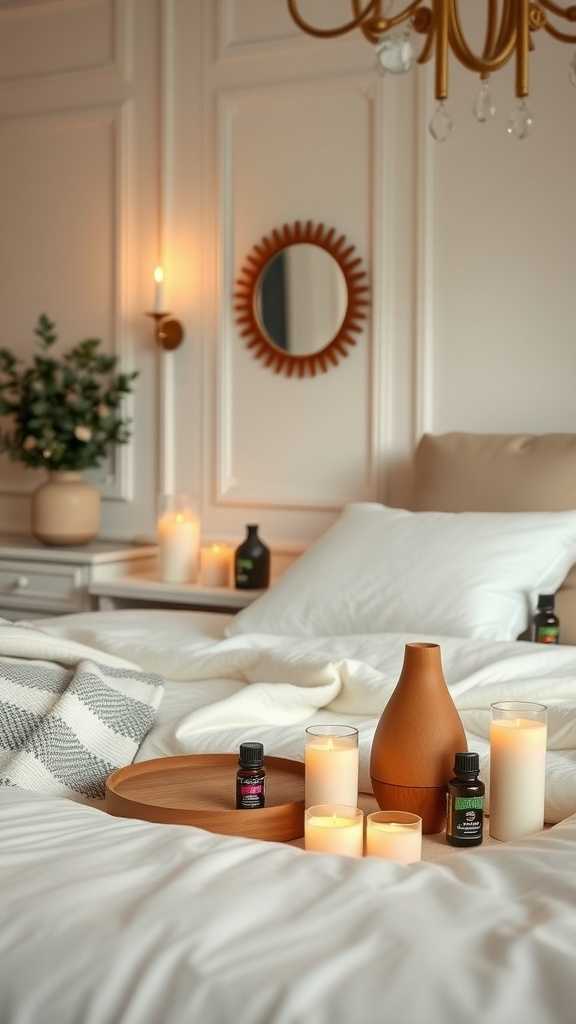 A cozy bedroom with soft bedding, candles, and essential oils for a calming atmosphere.