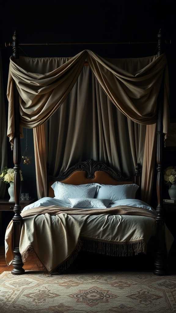 A serene canopy bed draped in soft fabrics, set in a dark boho themed bedroom.