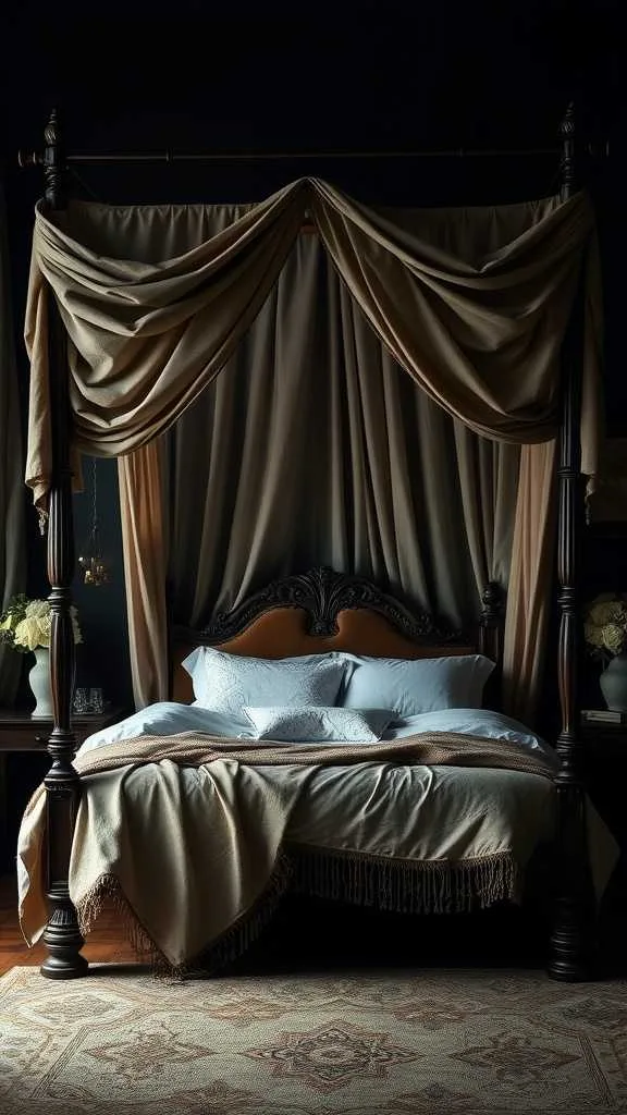20 Unique Dark Boho Bedroom Ideas for a Bold Statement 14 A serene canopy bed draped in soft fabrics, set in a dark boho themed bedroom.