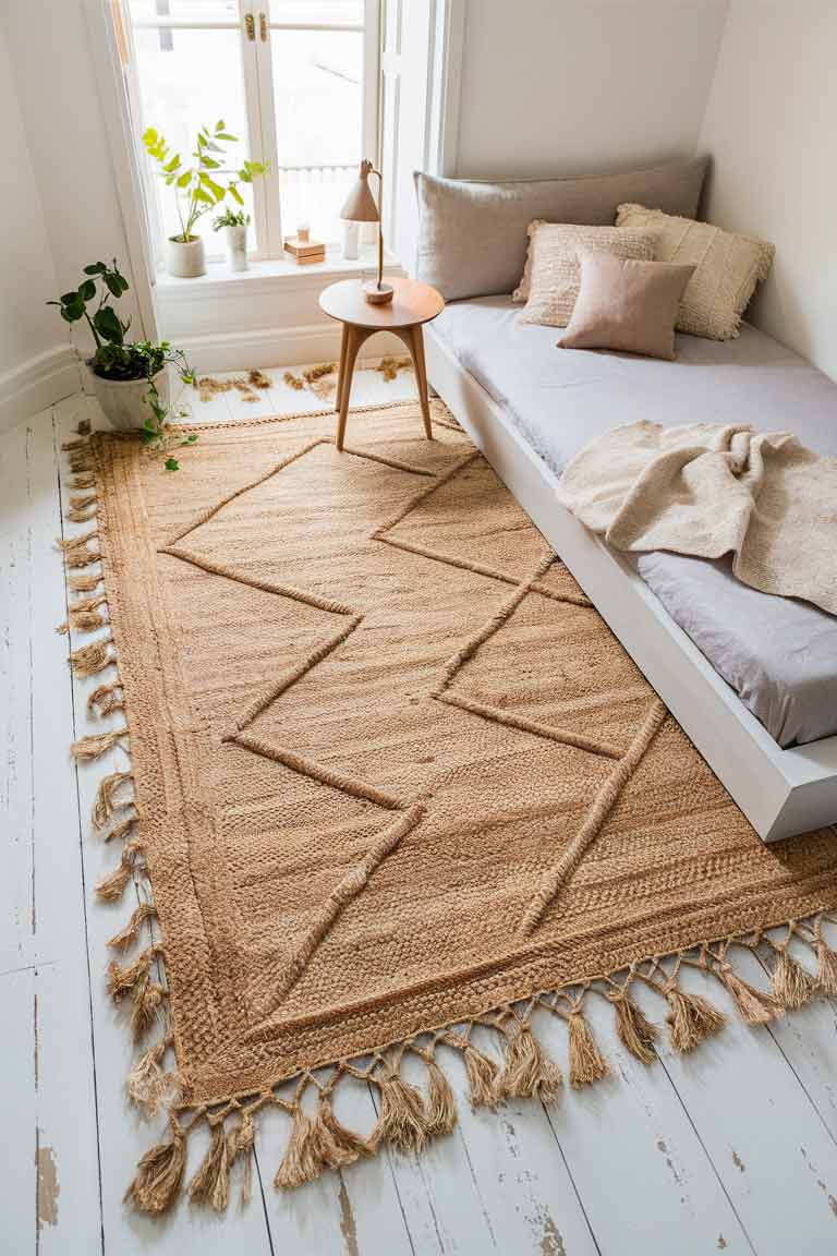 A wide view of a bedroom floor, showcasing a large, natural jute rug with a subtle geometric pattern. The rug covers most of the pale wooden floor, adding warmth and texture to the space. The edges of a low platform bed and a simple side table are visible, their wood tones complementing the natural fibers of the rug.