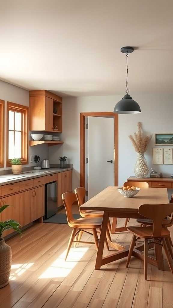 A cozy wabi-sabi kitchen with wooden cabinets and a simple dining table, showcasing the beauty of natural materials.