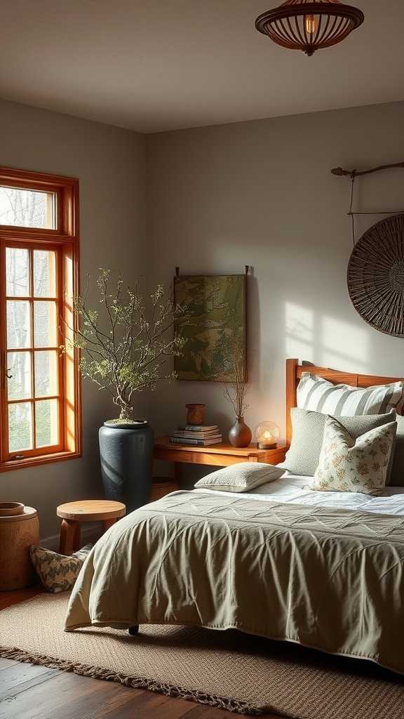 A cozy wabi sabi bedroom featuring warm tones, soft textures, and seasonal decor.