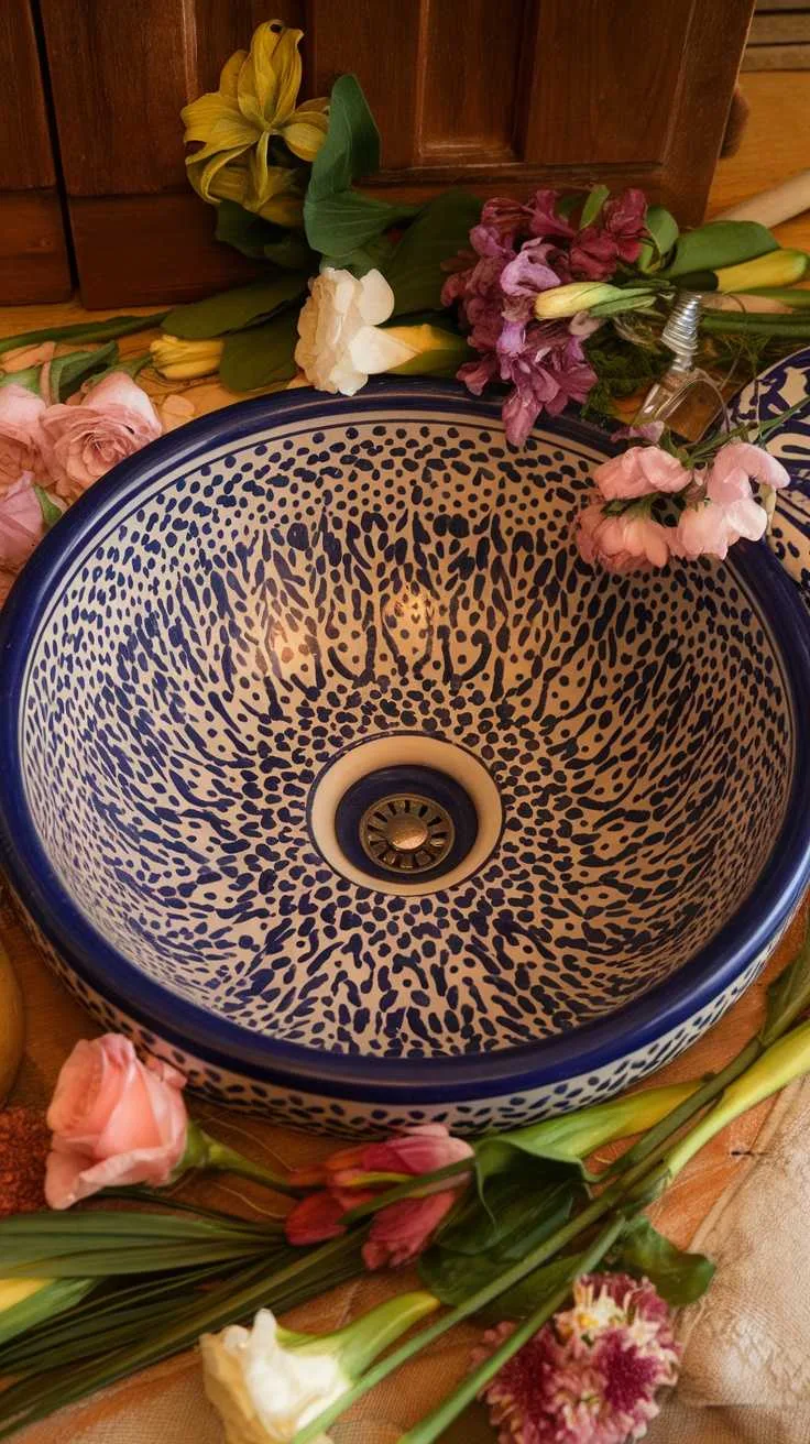 13 Blue and White Bathroom Ideas for a Fresh Look 2 A decorative ceramic sink in blue and white design surrounded by flowers.