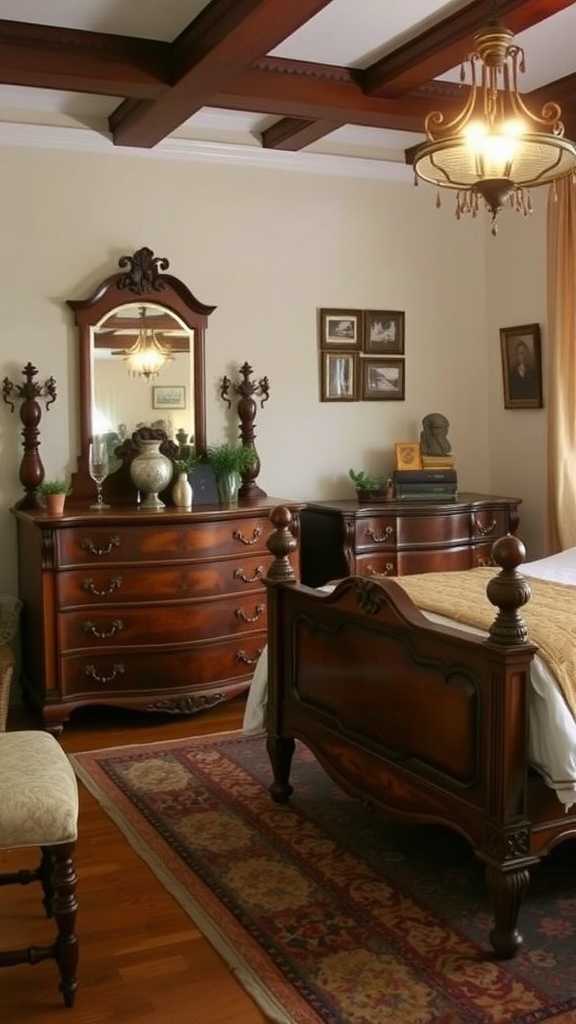 A vintage bedroom featuring ornate antique furniture with a wooden bed and matching dresser.