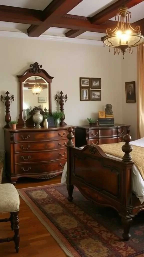 10 Charming Vintage Bedroom Ideas for a Timeless Retreat 1 A vintage bedroom featuring ornate antique furniture with a wooden bed and matching dresser.
