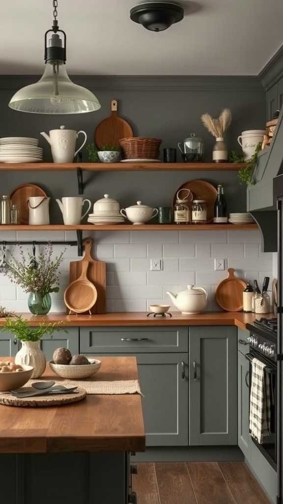 A cozy moody farmhouse kitchen featuring wooden accessories, plants, and soft textiles.