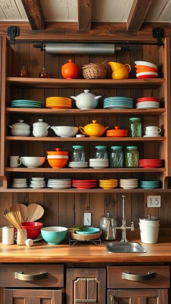 Open shelving in a rustic kitchen displaying colorful plates and kitchenware.