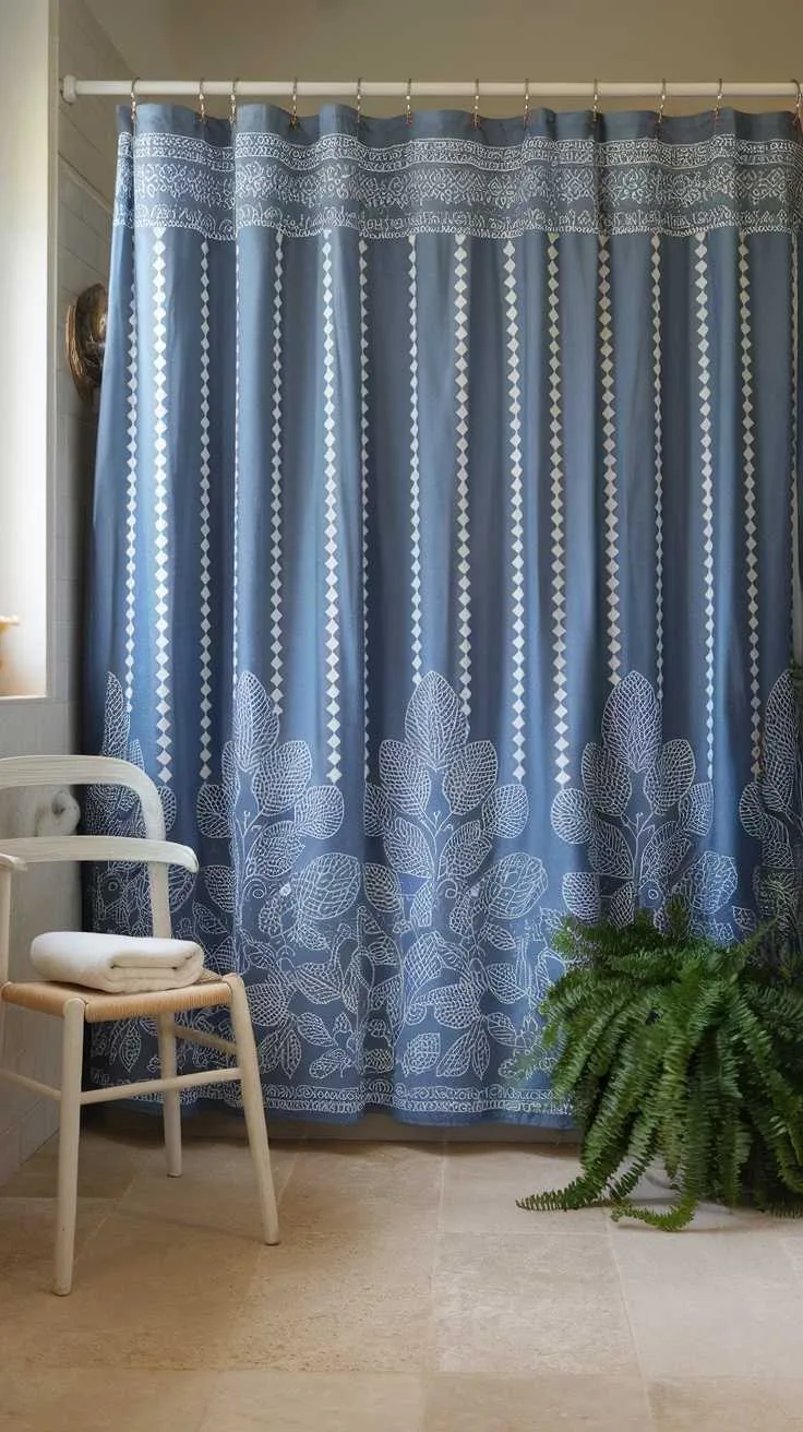 13 Blue and White Bathroom Ideas for a Fresh Look 6 A blue shower curtain with white patterns in a stylish bathroom setting.