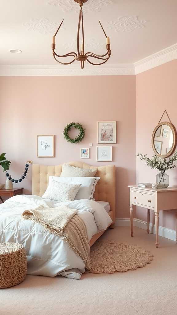 A chic and stylish bedroom with a soft pink wall, tufted bed, and elegant decor.