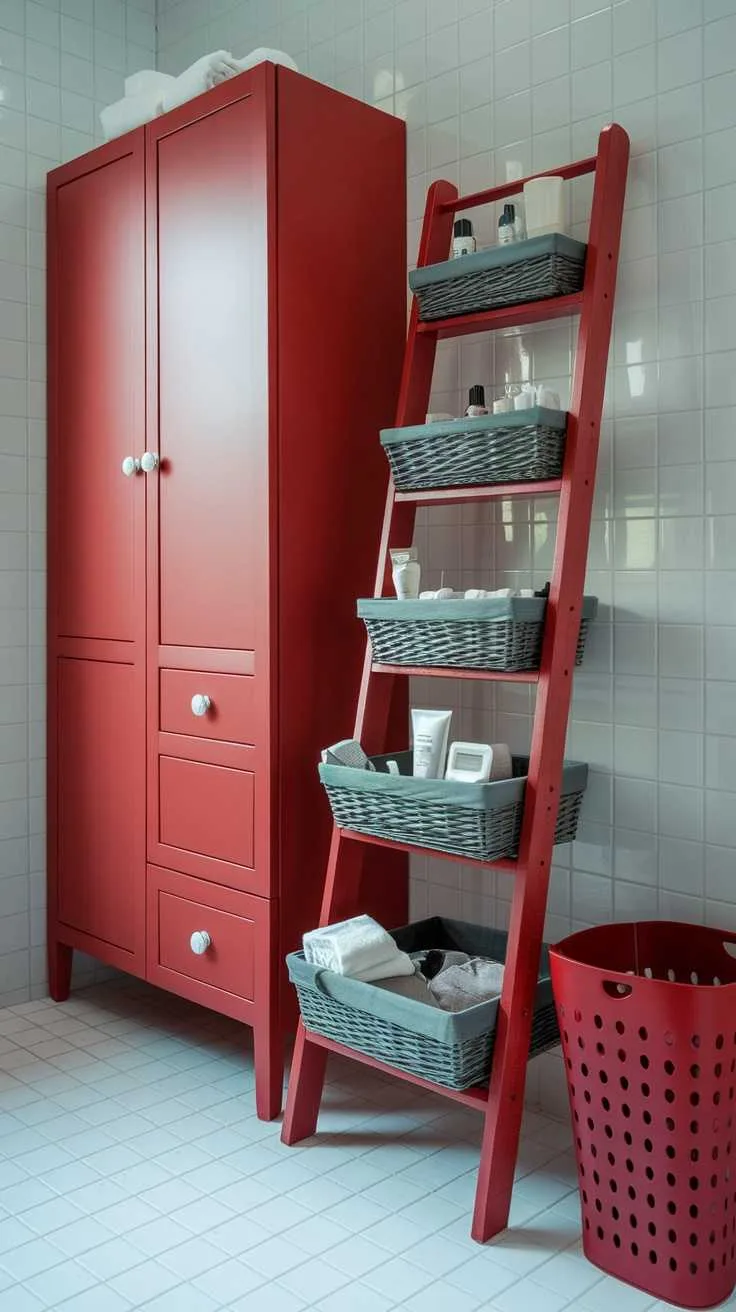 13 Red Bathroom Decor Ideas to Transform Your Space 9 Chic red storage solutions in a brightly decorated bathroom.