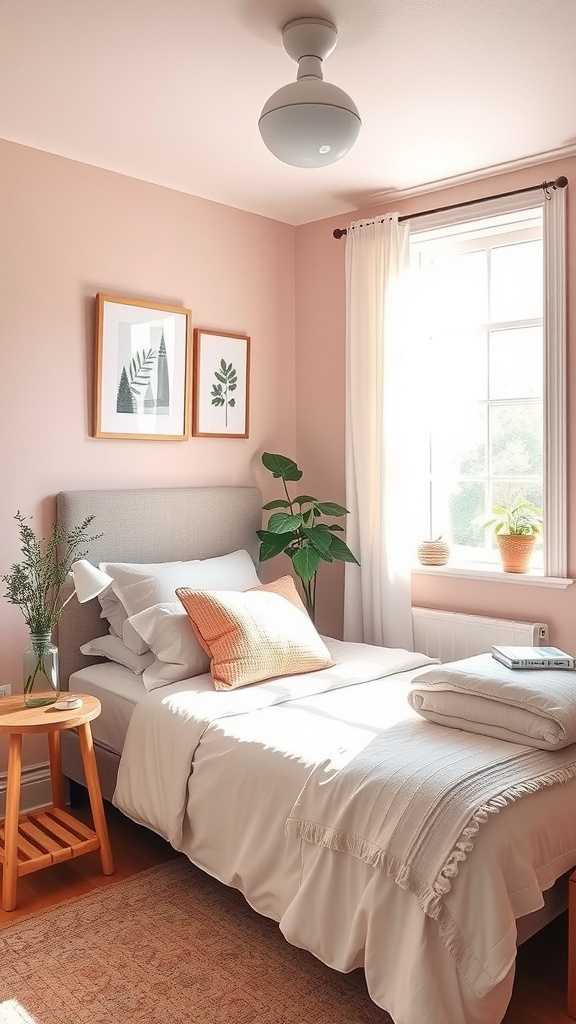 A bright and cozy small bedroom with light colors and natural light.