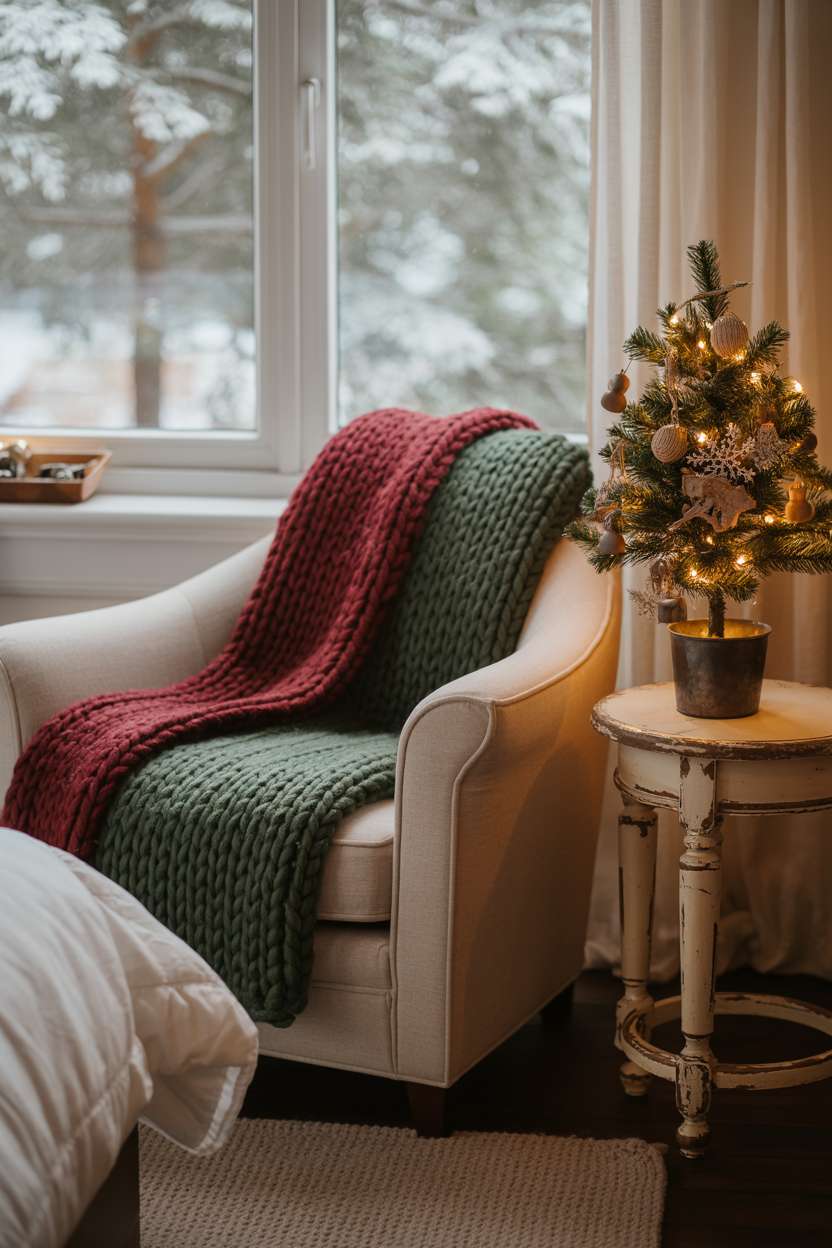 22 Cozy Christmas Bedroom Decor Ideas You'll Love 1 Cream armchair with green throw blanket next to small Christmas tree by window with snow view