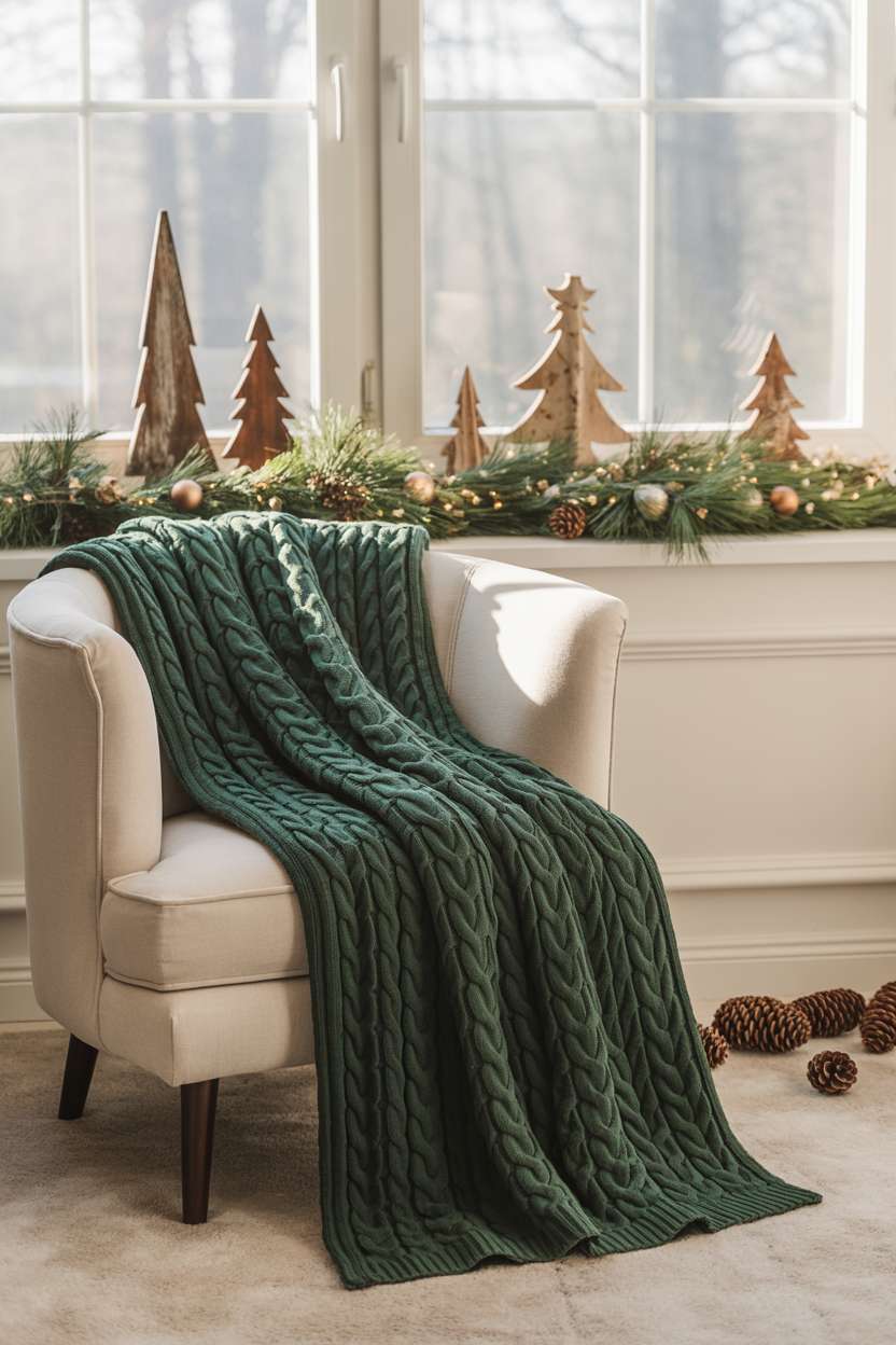 22 Cozy Christmas Bedroom Decor Ideas You'll Love 2 Plush cream armchair with cable-knit green throw beside window decorated with pine branches and fairy lights