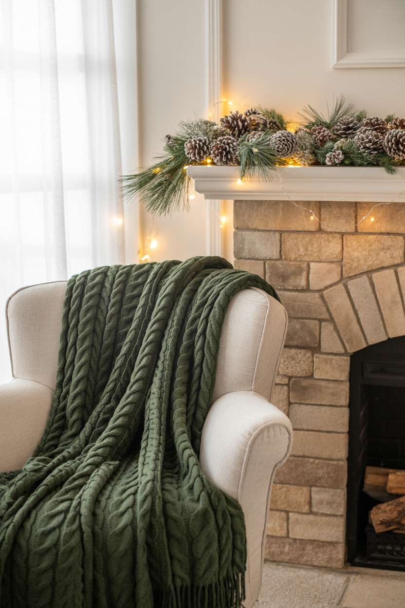 22 Cozy Christmas Bedroom Decor Ideas You'll Love 3 Ivory armchair with forest green throw facing stone fireplace with pine garland and fairy lights