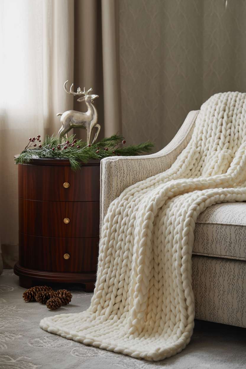 22 Cozy Christmas Bedroom Decor Ideas You'll Love 4 Cream-draped armchair beside dark mahogany nightstand with evergreen berries and silver reindeer