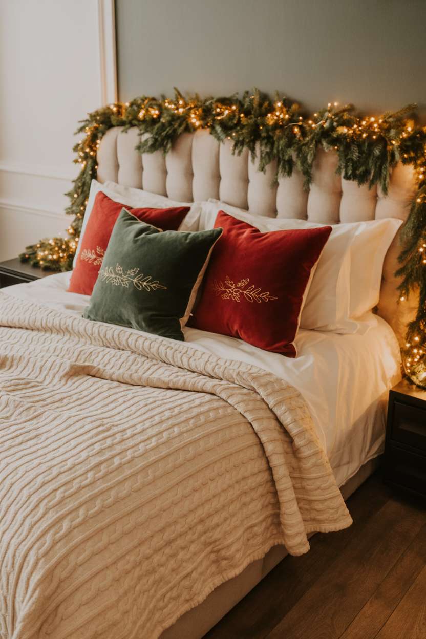22 Cozy Christmas Bedroom Decor Ideas You'll Love 5 Cream bedding with cable-knit throw, red and green velvet pillows, and pine garland on headboard