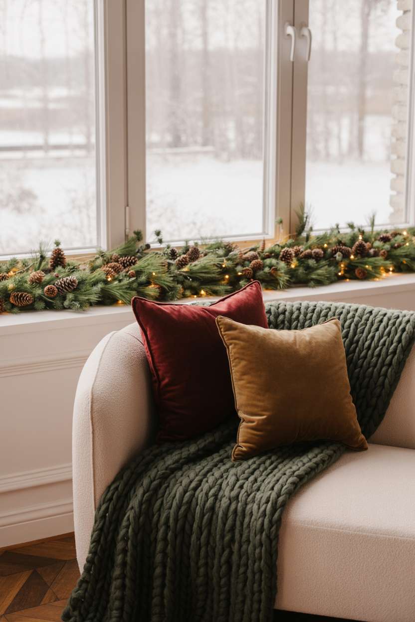 22 Cozy Christmas Bedroom Decor Ideas You'll Love 6 Cream armchair with green throw and burgundy pillows near window with pine garland and fairy lights
