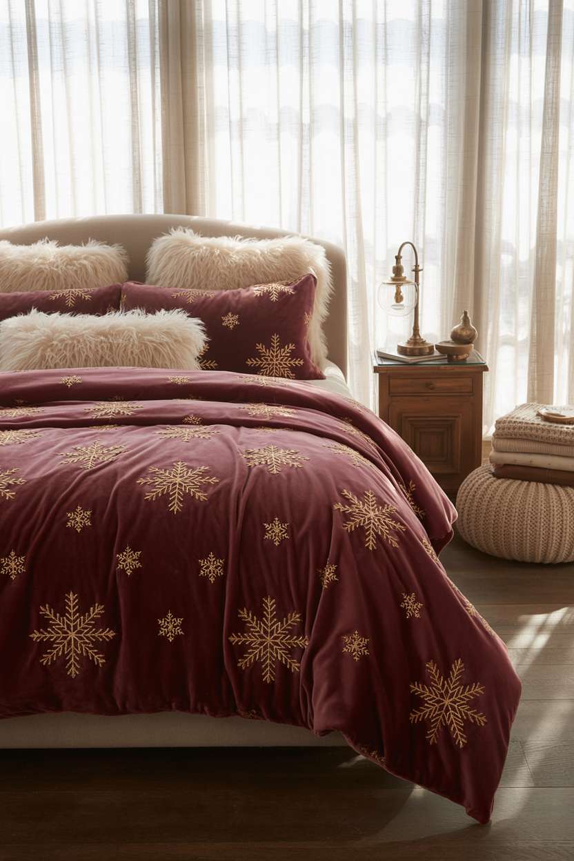 22 Cozy Christmas Bedroom Decor Ideas You'll Love 7 King bed with burgundy velvet comforter featuring gold snowflake embroidery and cream fur pillows