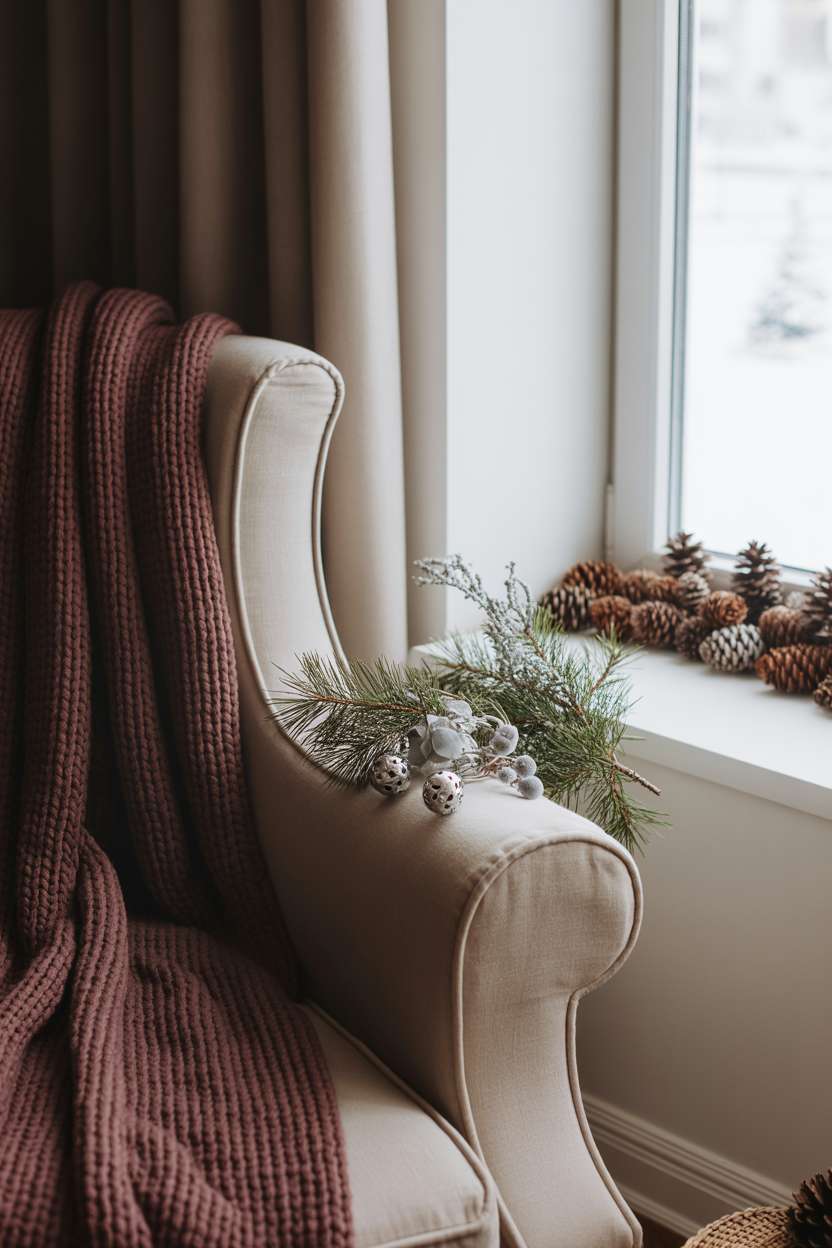 22 Cozy Christmas Bedroom Decor Ideas You'll Love 8 Cream armchair with burgundy knit throw near window with pine sprigs and silver bells
